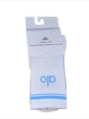 ALO Yoga White Crew Athletic Socks with Light Blue Logo and Stripe
